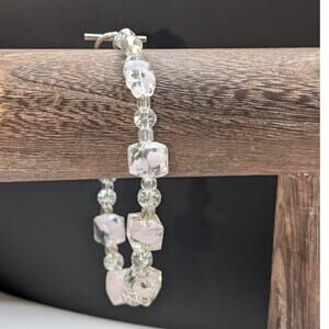 Multi-Shape Glass Beads W/ Pink Cloud Inside Silver Tone Toggle Clasp Bracelet